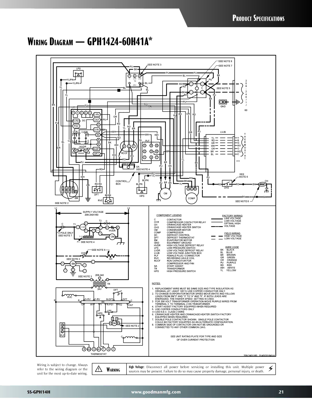 Goodman Mfg GPH14H dimensions Wiring Diagram GPH1424-60H41A 