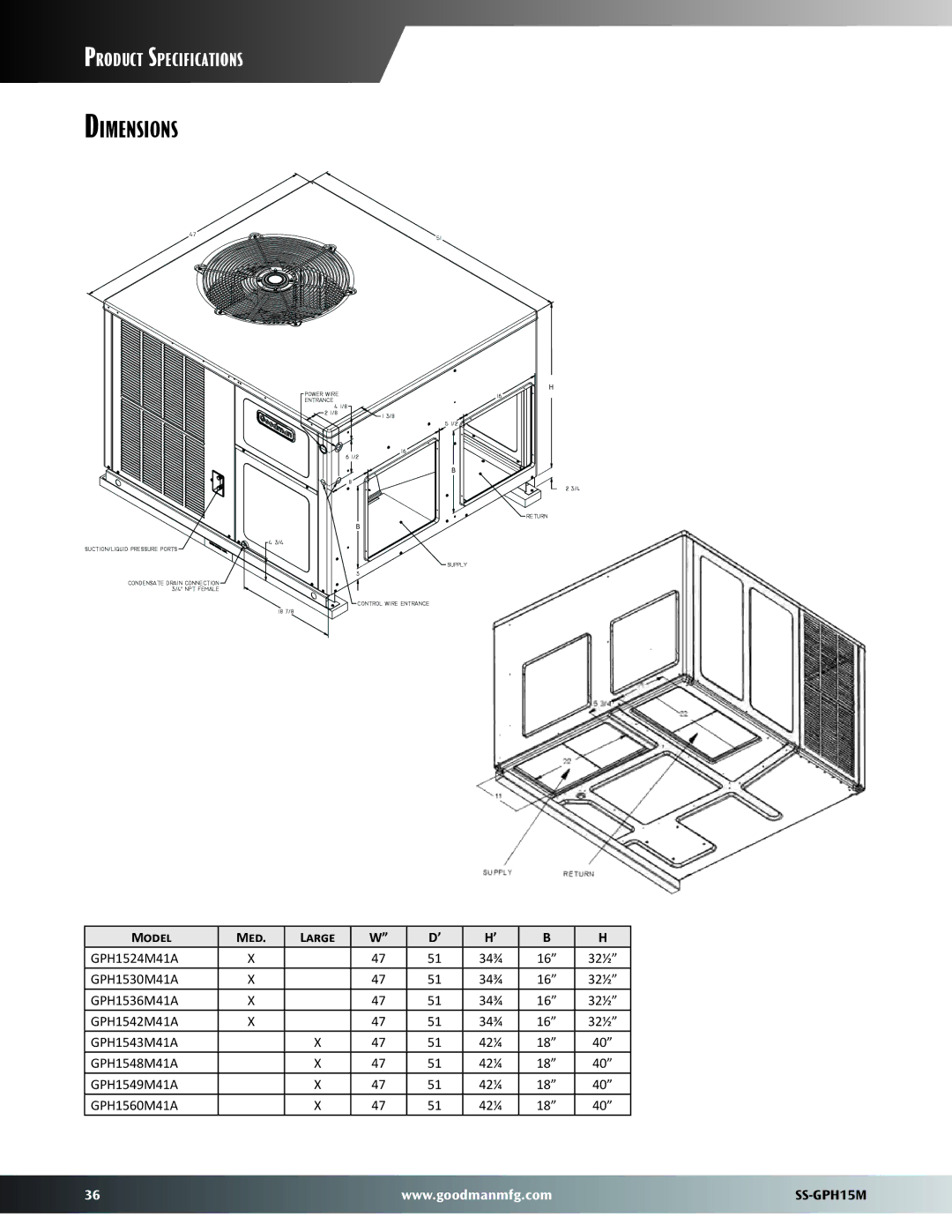 Goodman Mfg GPH15M warranty Dimensions, 42¼ 