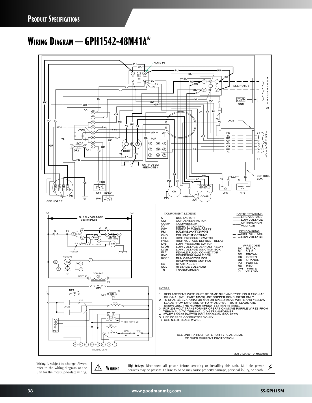 Goodman Mfg warranty Wiring Diagram — GPH1542-48M41A, Product Specifications, SS-GPH15M 