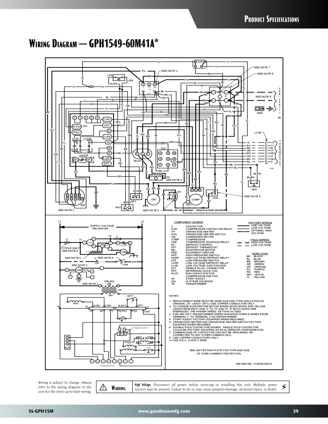 Goodman Mfg warranty Wiring Diagram — GPH1549-60M41A, Product Specifications, SS-GPH15M 