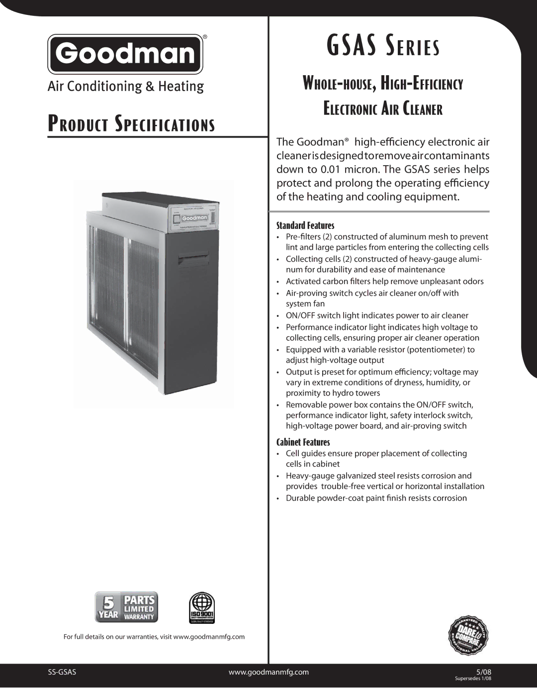 Goodman Mfg GSAS Series specifications Standard Features, Cabinet Features 