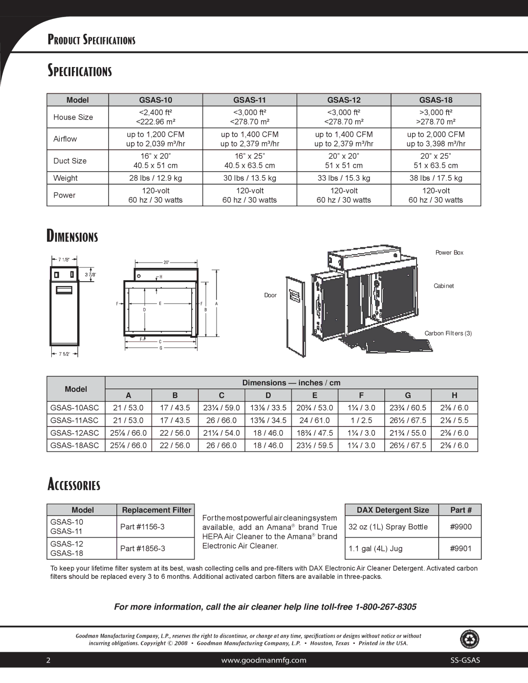 Goodman Mfg GSAS Series specifications Specifications, Dimensions, Accessories 