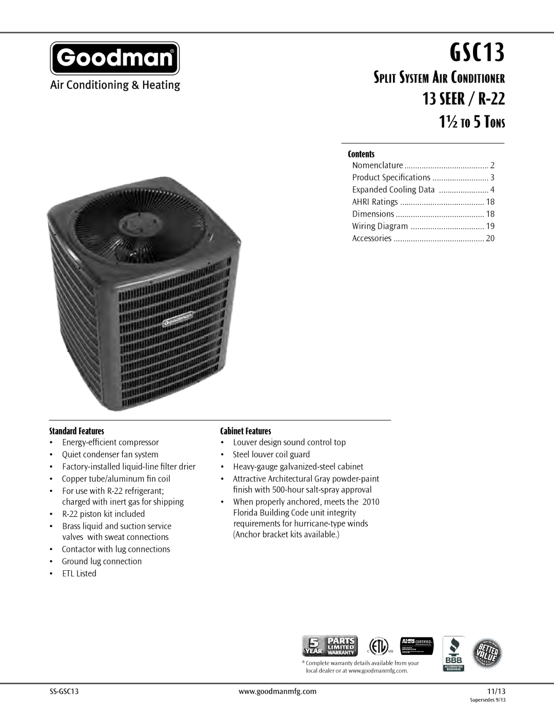 Goodman Mfg Split System Air Conditioner warranty GSC13 