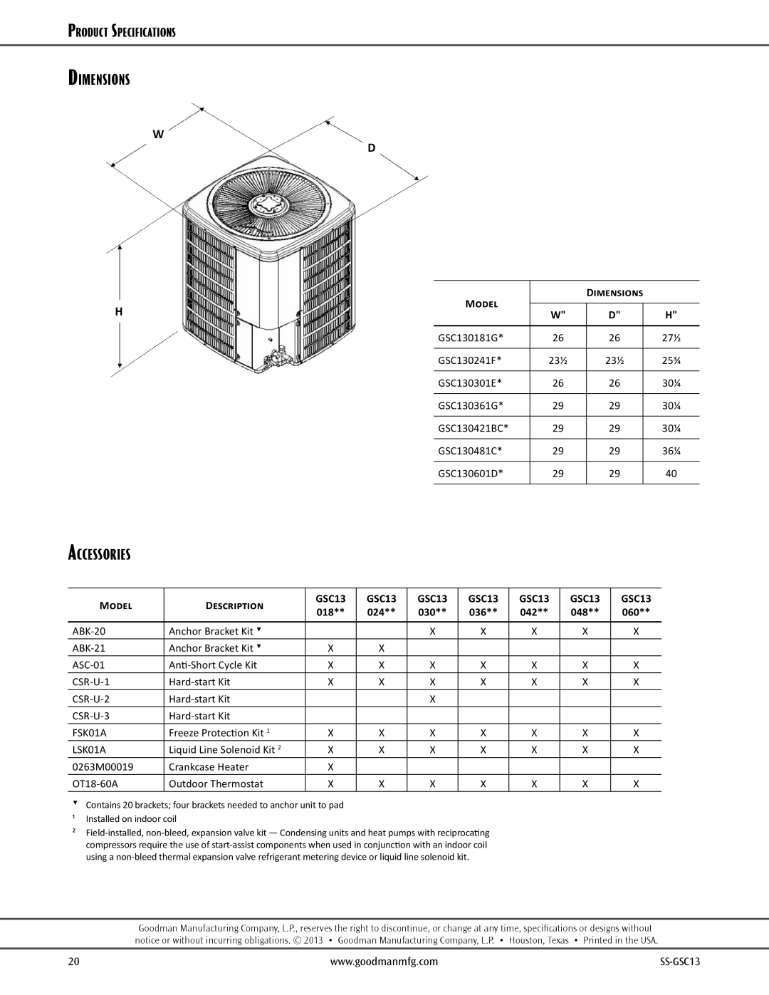 Goodman Mfg GSC13, Split System Air Conditioner warranty Dimensions Accessories, 30¼, 36¼ 