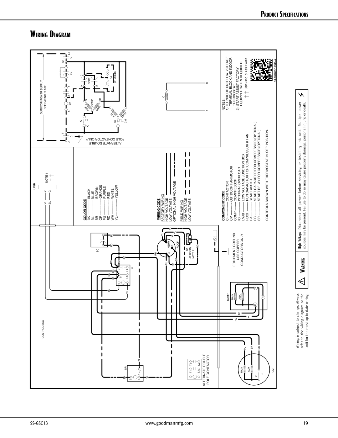 Goodman Mfg Split System Air Conditioner Product S, pecifications, refer to the wiring diagram or the, Color Code 