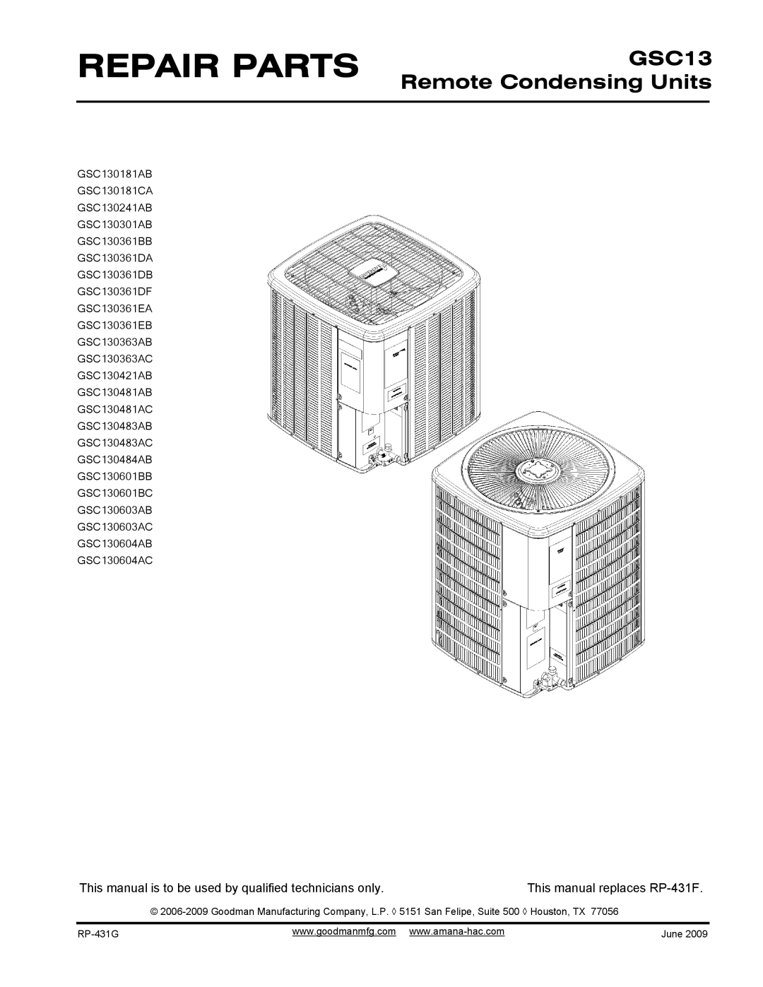 Goodman Mfg GSC13 manual Repair Parts 