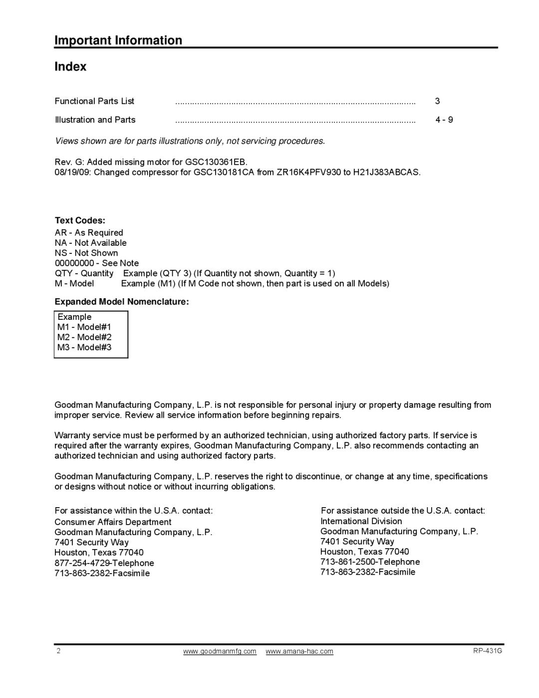 Goodman Mfg GSC13 manual Text Codes, Expanded Model Nomenclature, International Division 