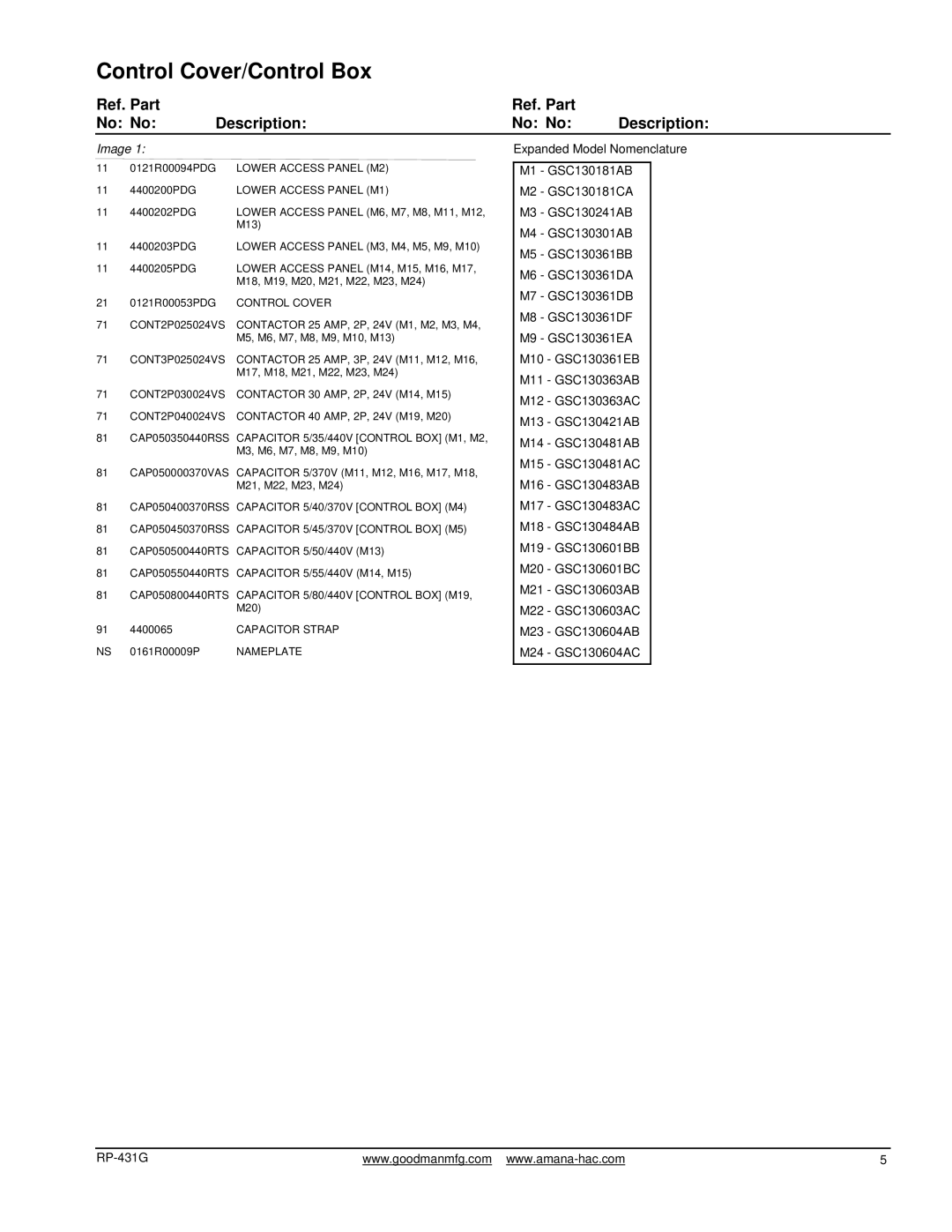 Goodman Mfg GSC13 manual Ref. Part No No Description 