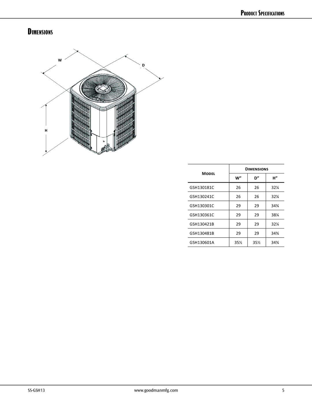 Goodman Mfg GSH13 warranty Model Dimensions 