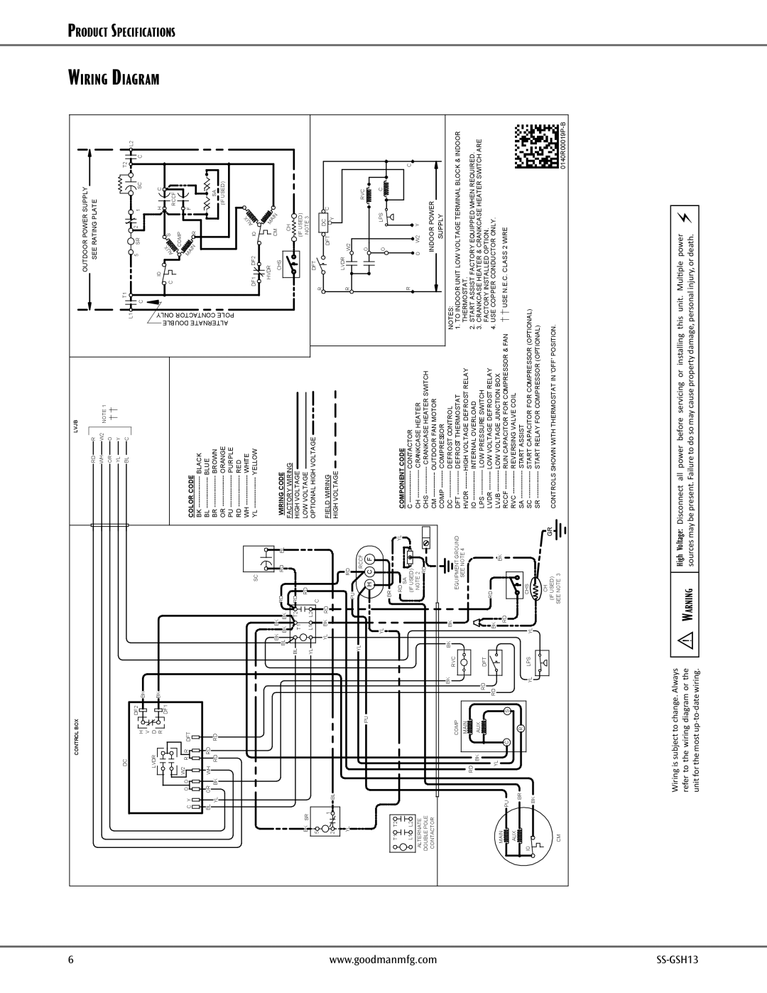 Goodman Mfg GSH13 warranty Diagram, Specifications 