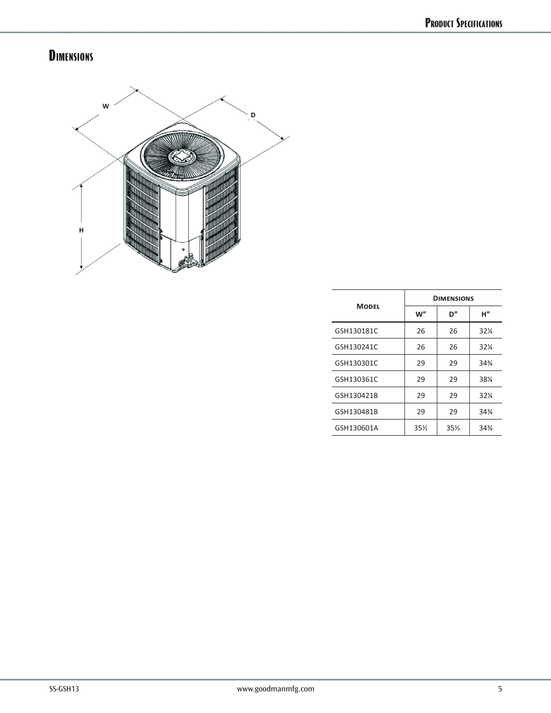 Goodman Mfg GSH13 warranty Dimensions, Product Specifications, Model 