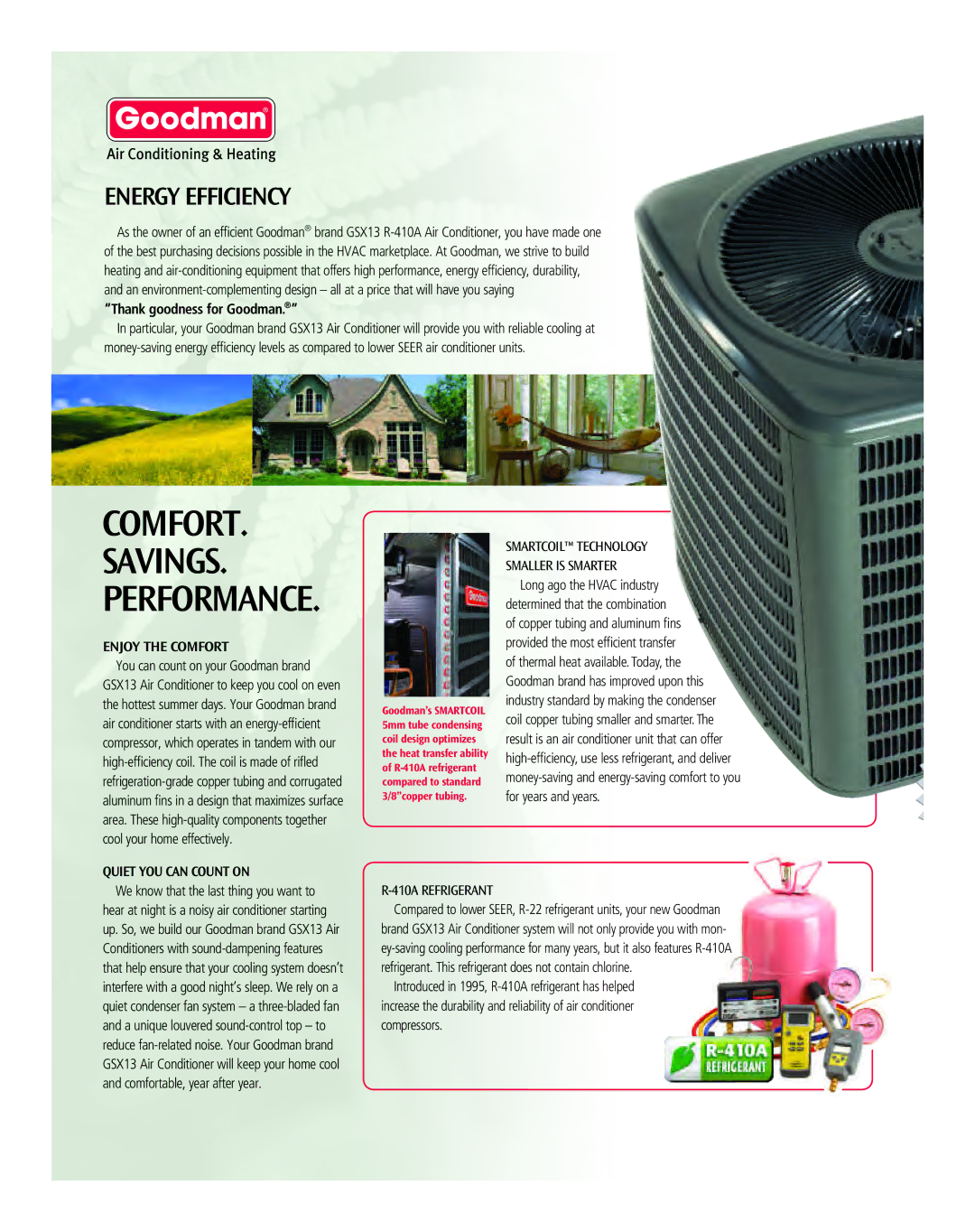 Goodman Mfg GSX13, energy-efficient air conditition manual Comfort Savings, Energy Efficiency 