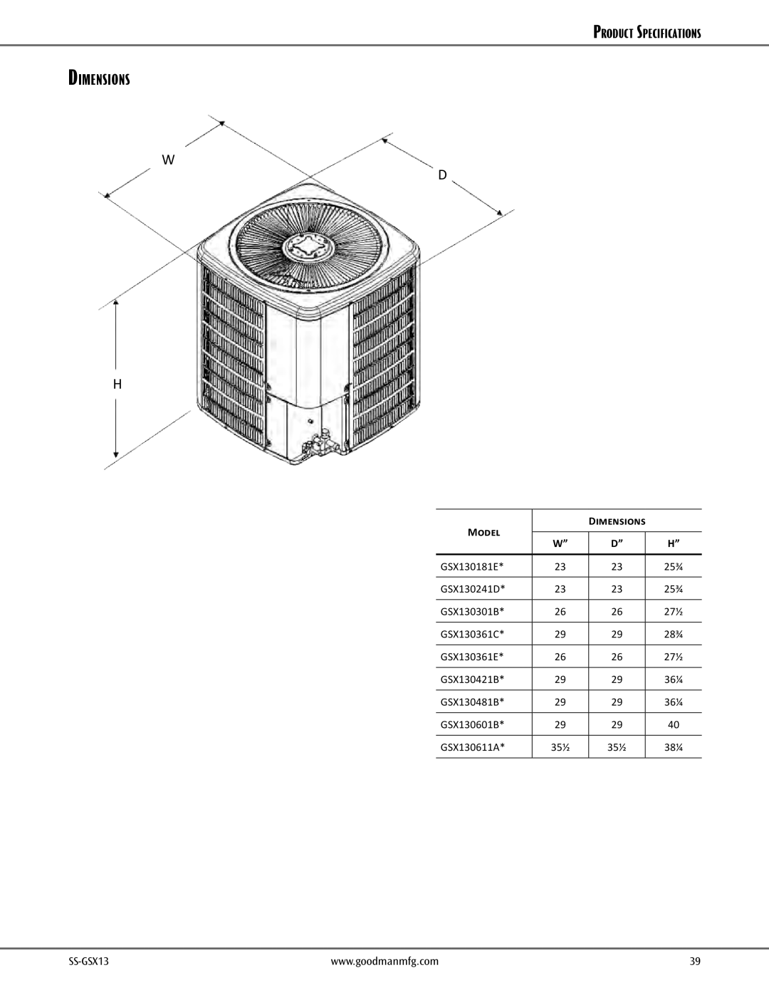 Goodman Mfg GSX13 Split System Air Conditioner, GSX130481B, GSX130241D, GSX130301B, GSX130421B, GSX130601B warranty Dimensions 