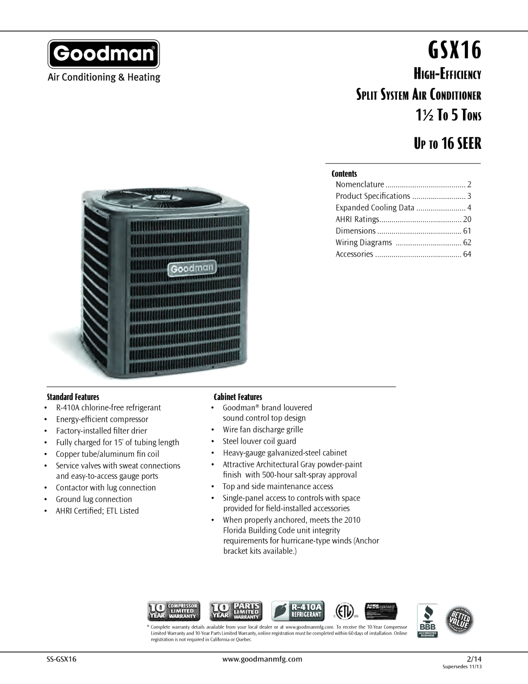 Goodman Mfg High-Efficiency Split System Air Conditioner 1 To 5 Tons Up to 16 SEER warranty GSX16, To 16 Seer 