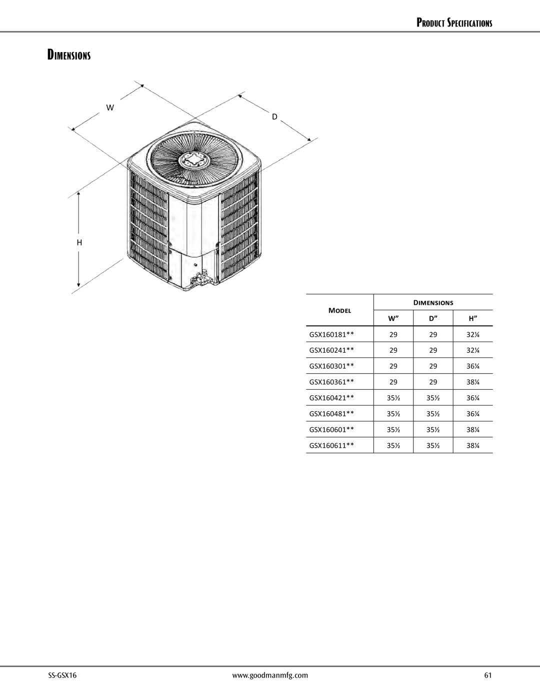 Goodman Mfg High-Efficiency Split System Air Conditioner 1 To 5 Tons Up to 16 SEER, GSX16 warranty Model Dimensions 