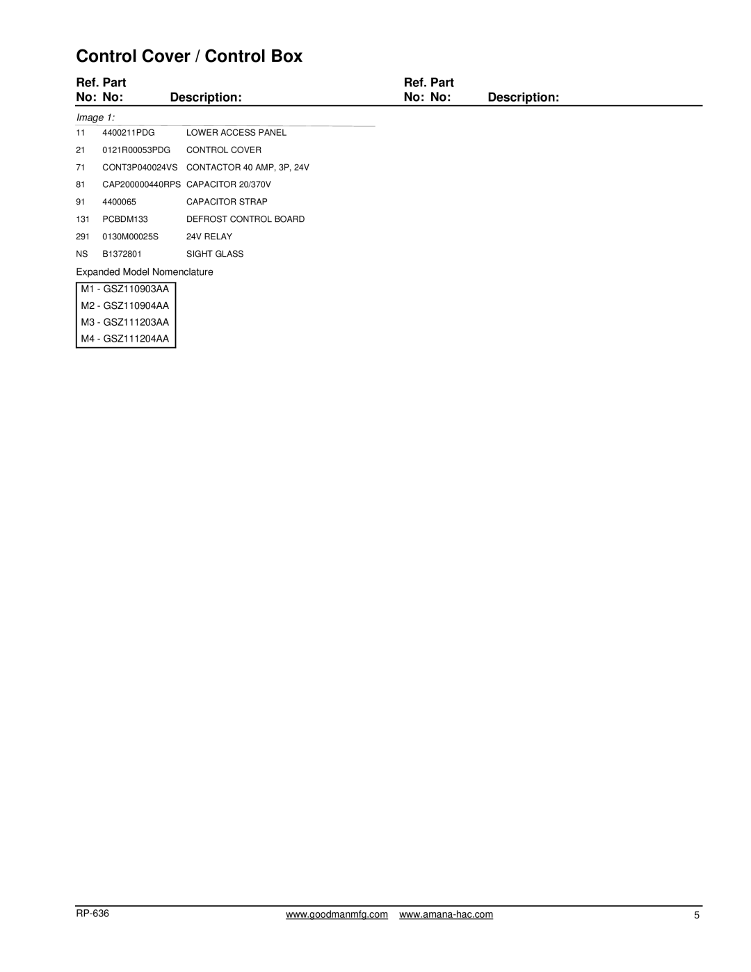 Goodman Mfg GSZ11904AA, GSZ11203AA, GSZ11204AA, GSZ11903AA manual Ref. Part No No Description, Image 