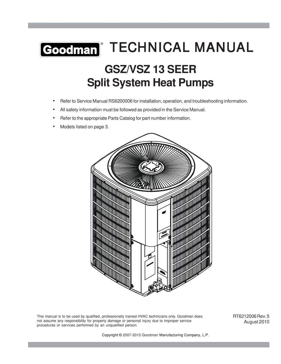 Goodman Mfg GSZ/VSZ 13 SEER service manual Technical Manual 