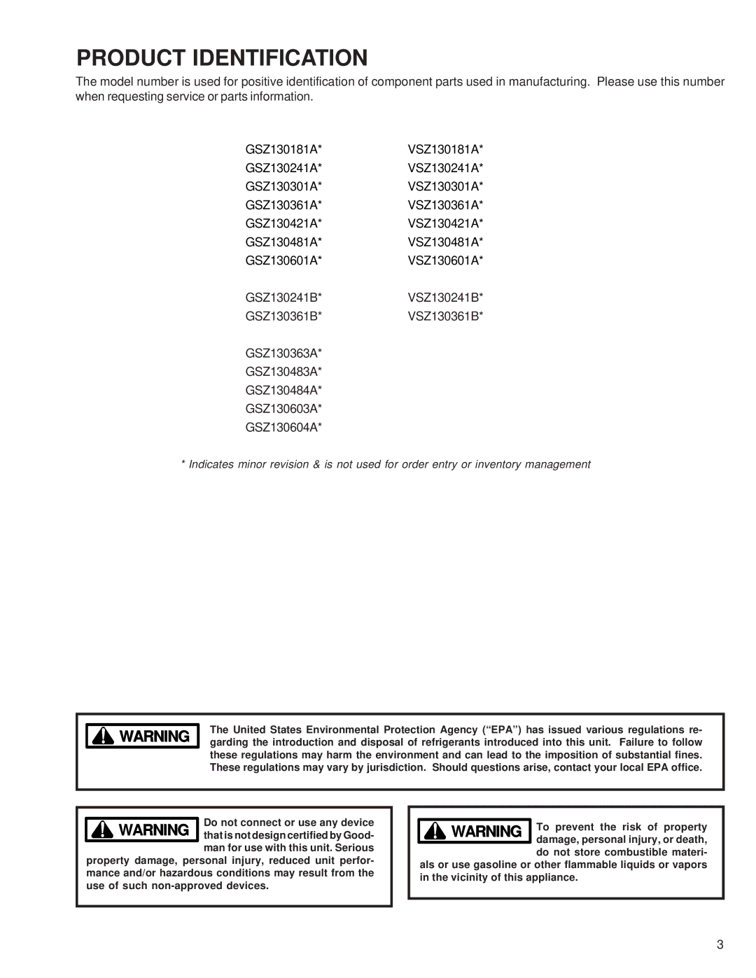 Goodman Mfg GSZ/VSZ 13 SEER service manual Product Identification 