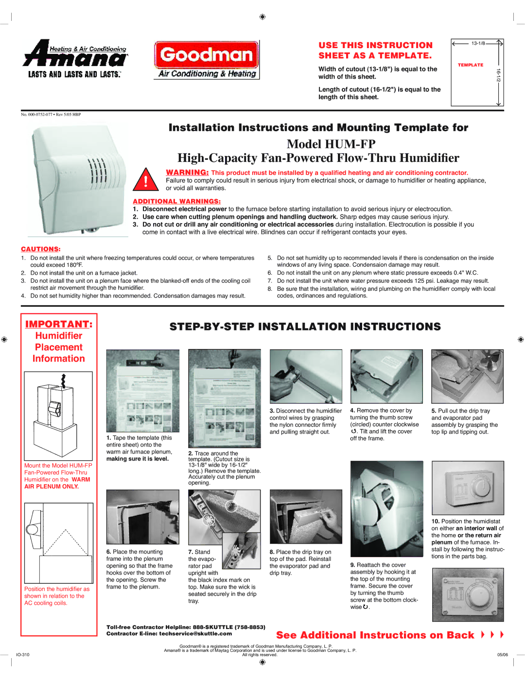 Goodman Mfg installation instructions Model HUM-FP 