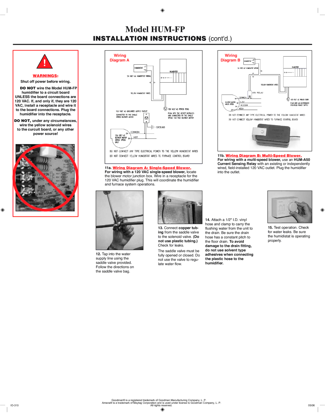 Goodman Mfg HUM-FP installation instructions Wiring Diagram a, Wiring Diagram B, KxplglàhuLqwrWkhUhfhswdfoh, Kxplglàhu 