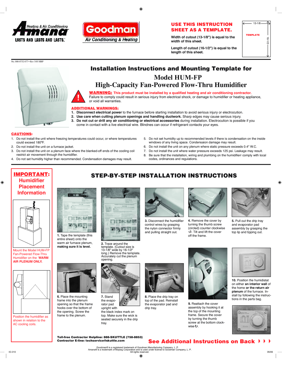 Goodman Mfg HUM-FP installation instructions Width of cutout 13-1/8is equal to the, width of this sheet, Cautions 