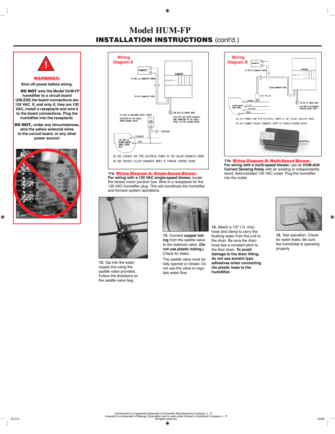 Goodman Mfg INSTALLATION INSTRUCTIONS contd, Warnings, Wiring Diagram A, Wiring Diagram B, Model HUM-FP, Kxplglàhu 