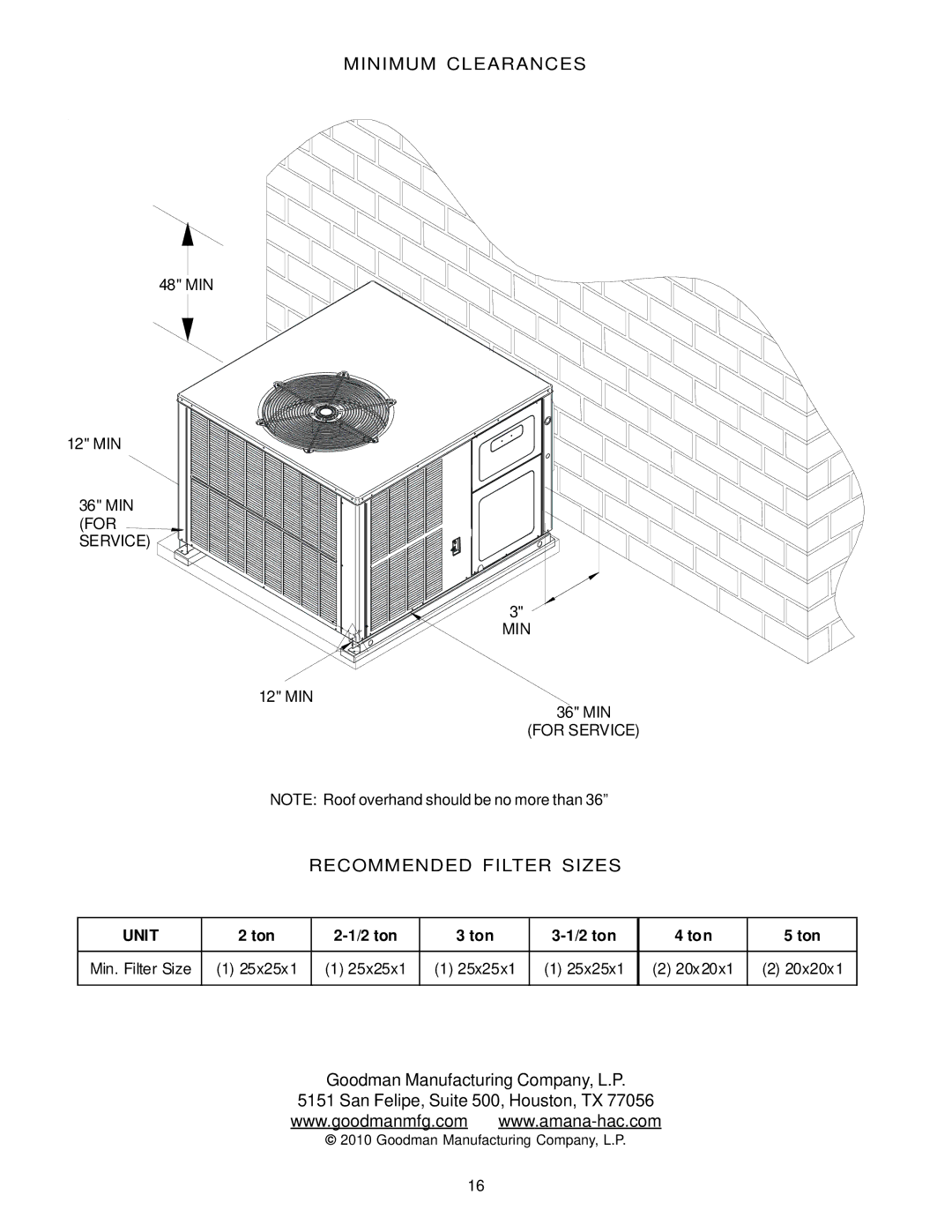 Goodman Mfg IO - 395 specifications Minimum Clearances, Recommended Filter Sizes, Min. Filter Size 