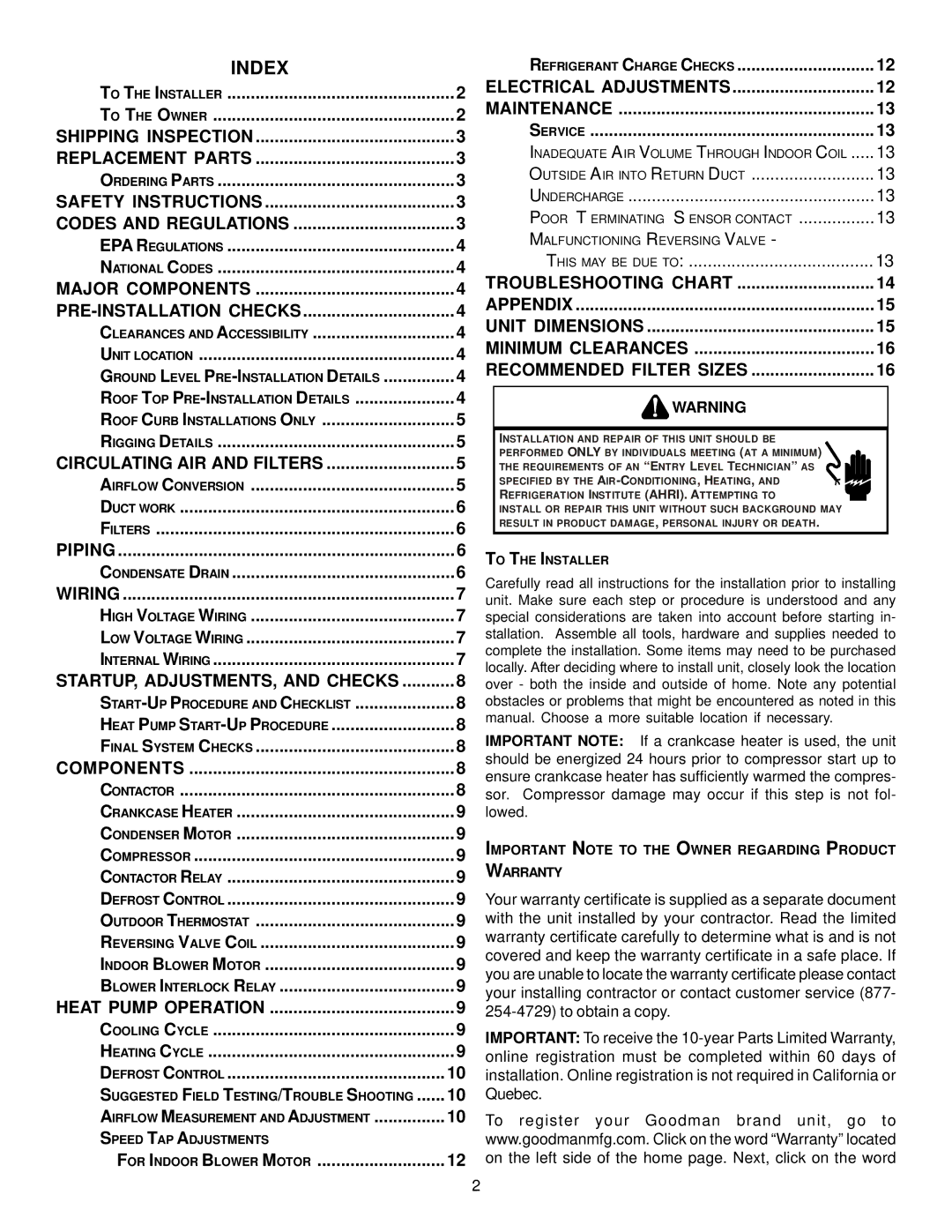 Goodman Mfg IO - 395 specifications START-UP Procedure and Checklist, To the Installer 