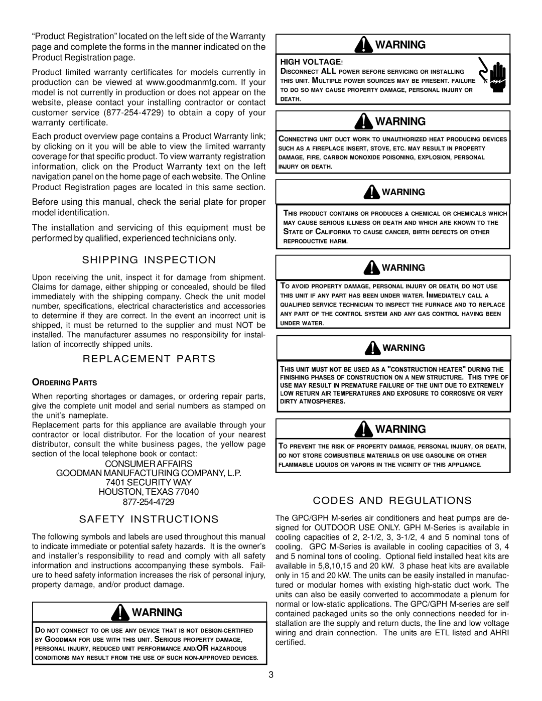 Goodman Mfg IO - 395 Shipping Inspection, Replacement Parts, Safety Instructions, Codes and Regulations, Ordering Parts 