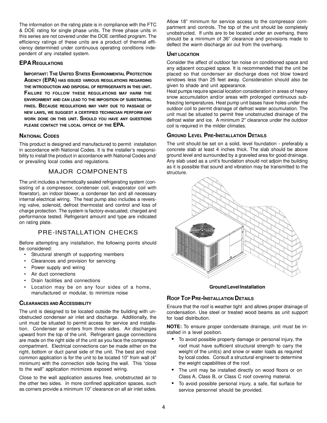 Goodman Mfg IO - 395 specifications Major Components, PRE-INSTALLATION Checks, Ground Level Installation 