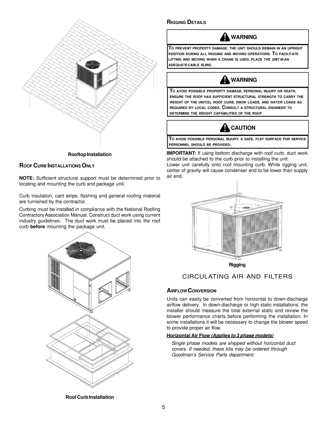 Goodman Mfg IO - 395 specifications Circulating AIR and Filters, Rooftop Installation, Rigging, Roof Curb Installation 