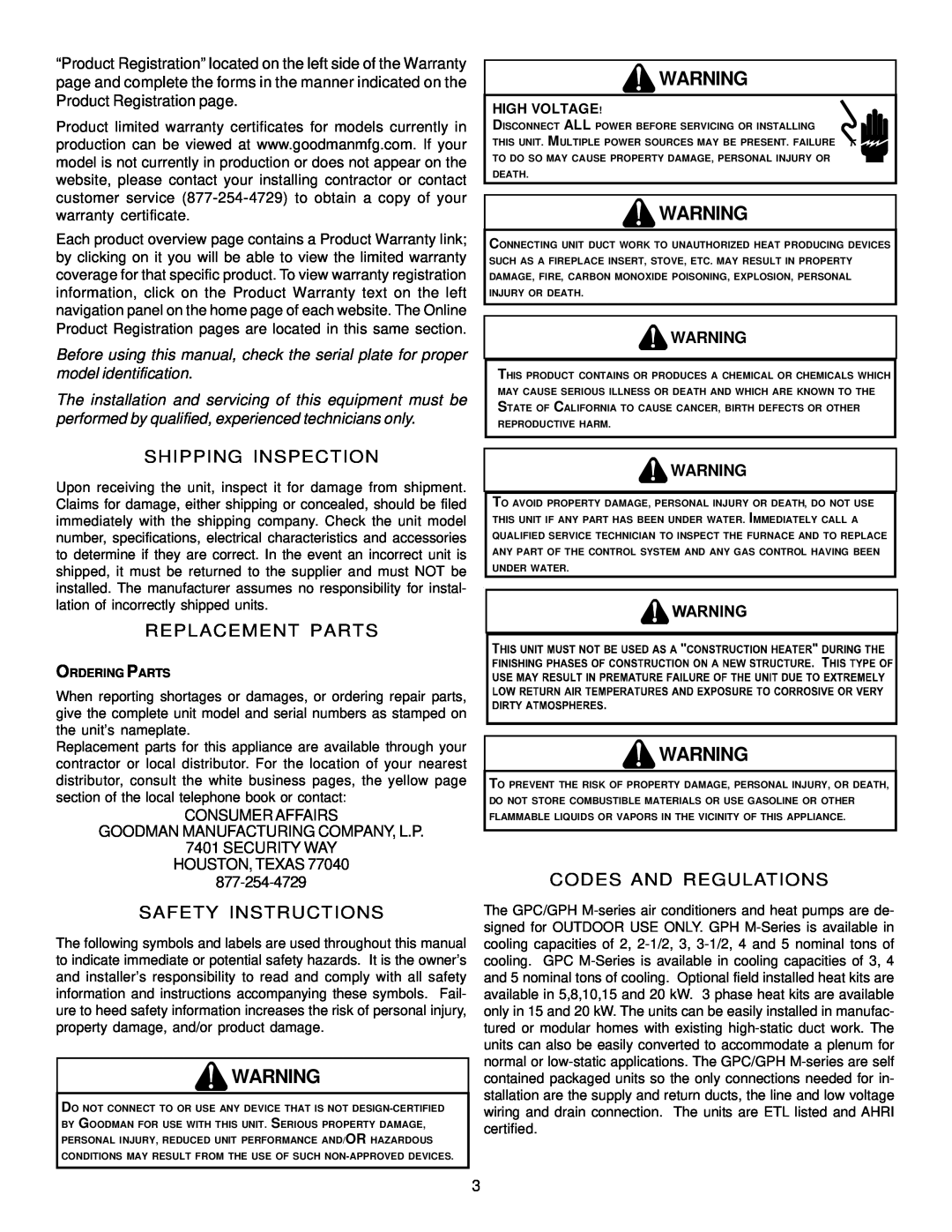 Goodman Mfg IO - 395 Shipping Inspection, Replacement Parts, Safety Instructions, Codes And Regulations, Consumer Affairs 