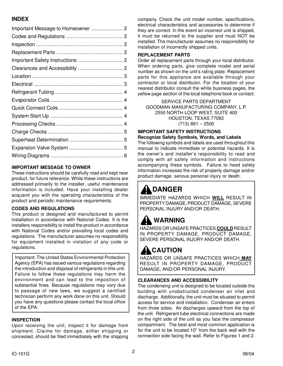 Goodman Mfg IO-101G manual Index 