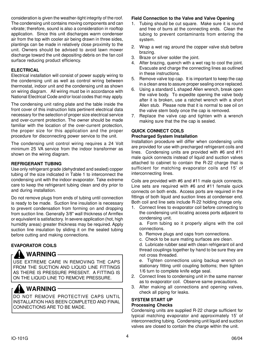 Goodman Mfg IO-101G manual Electrical, Refrigerant Tubing, Evaporator Coils, Quick Connect Coils, System Start UP 