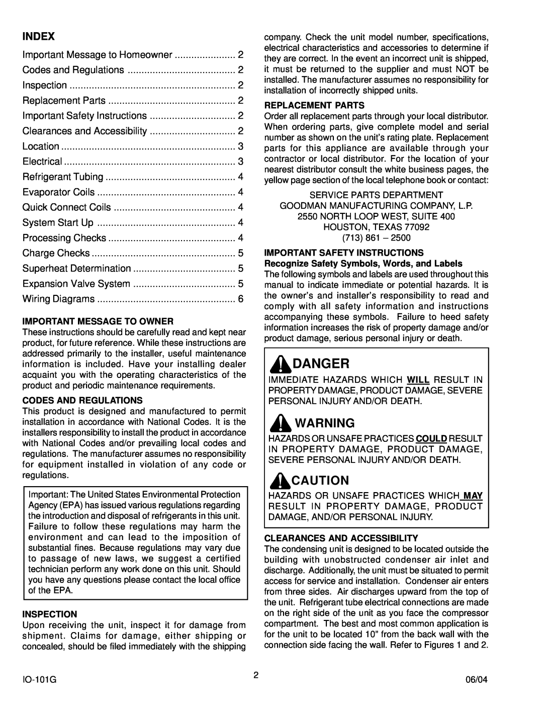 Goodman Mfg IO-101G manual Index, Danger 