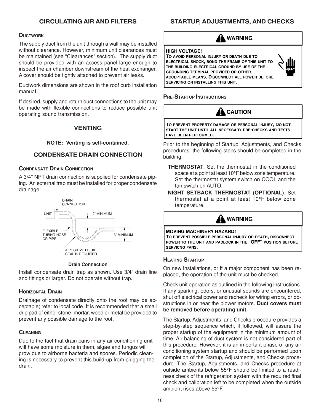 Goodman Mfg IO-354B Circulating AIR and Filters, Venting Condensate Drain Connection, STARTUP, ADJUSTMENTS, and Checks 