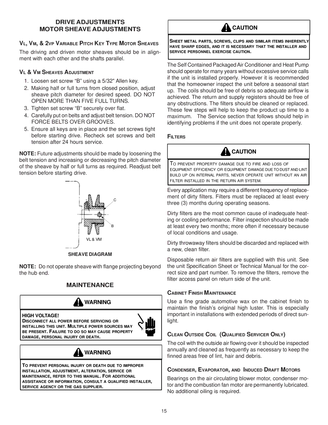 Goodman Mfg IO-354B installation instructions Drive Adjustments Motor Sheave Adjustments, Maintenance 