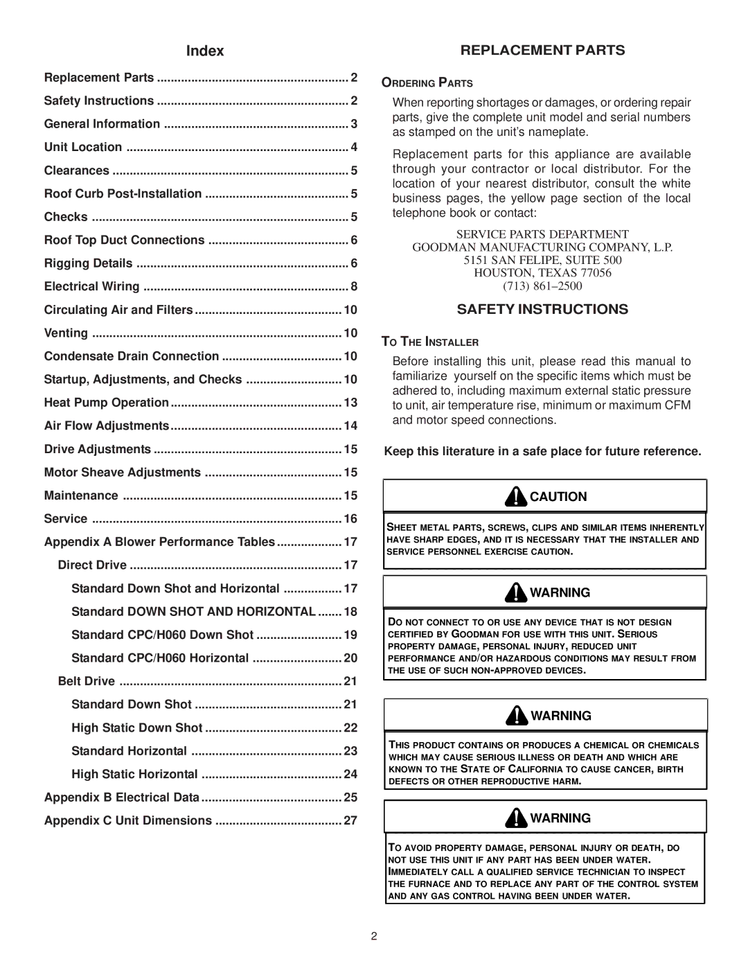 Goodman Mfg IO-354B installation instructions Replacement Parts, Safety Instructions 