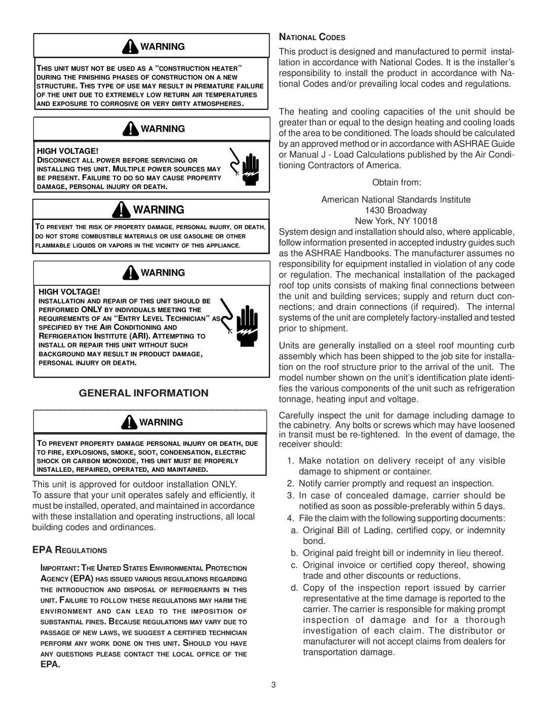 Goodman Mfg IO-354B installation instructions General Information, High Voltage 