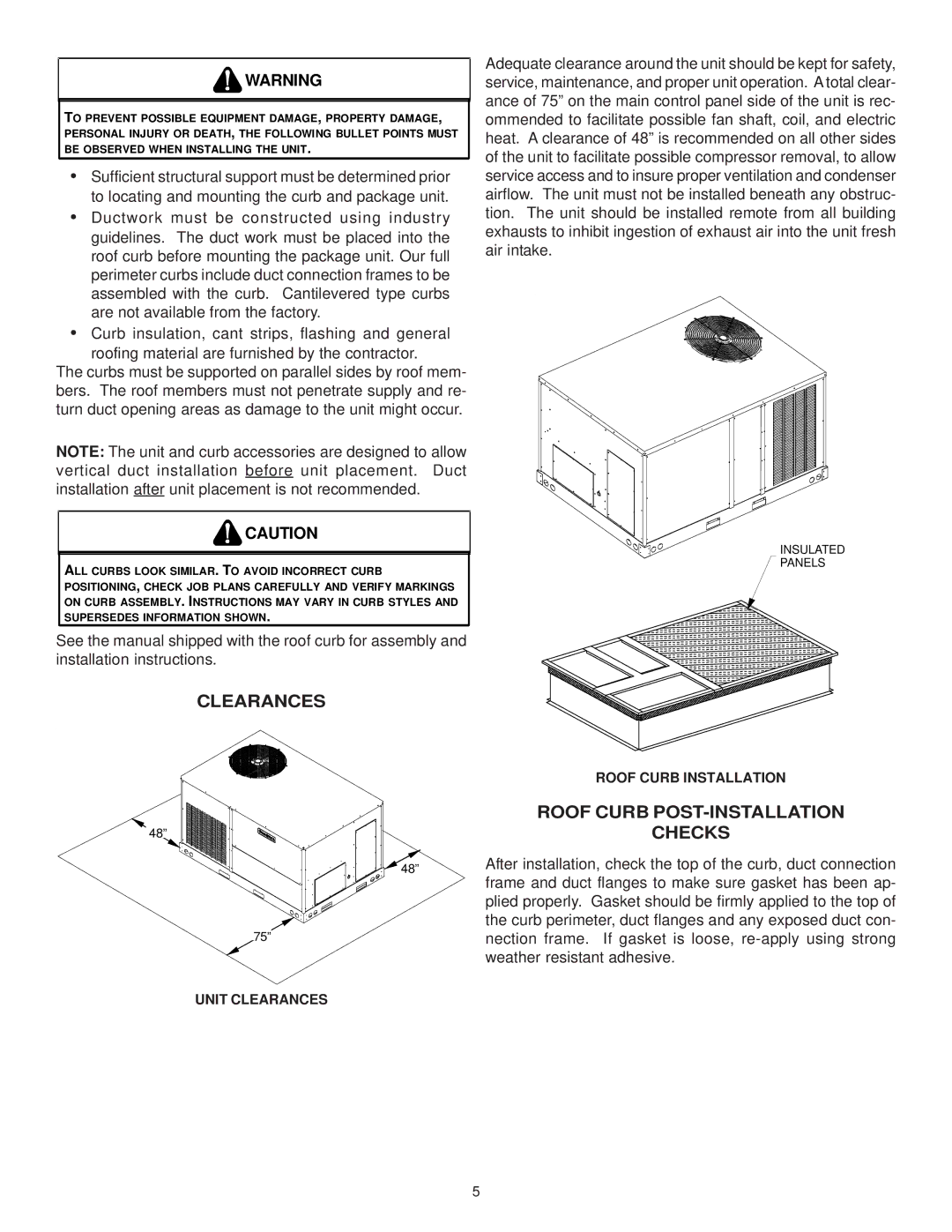 Goodman Mfg IO-354B installation instructions Clearances, Roof Curb POST-INSTALLATION, Checks 