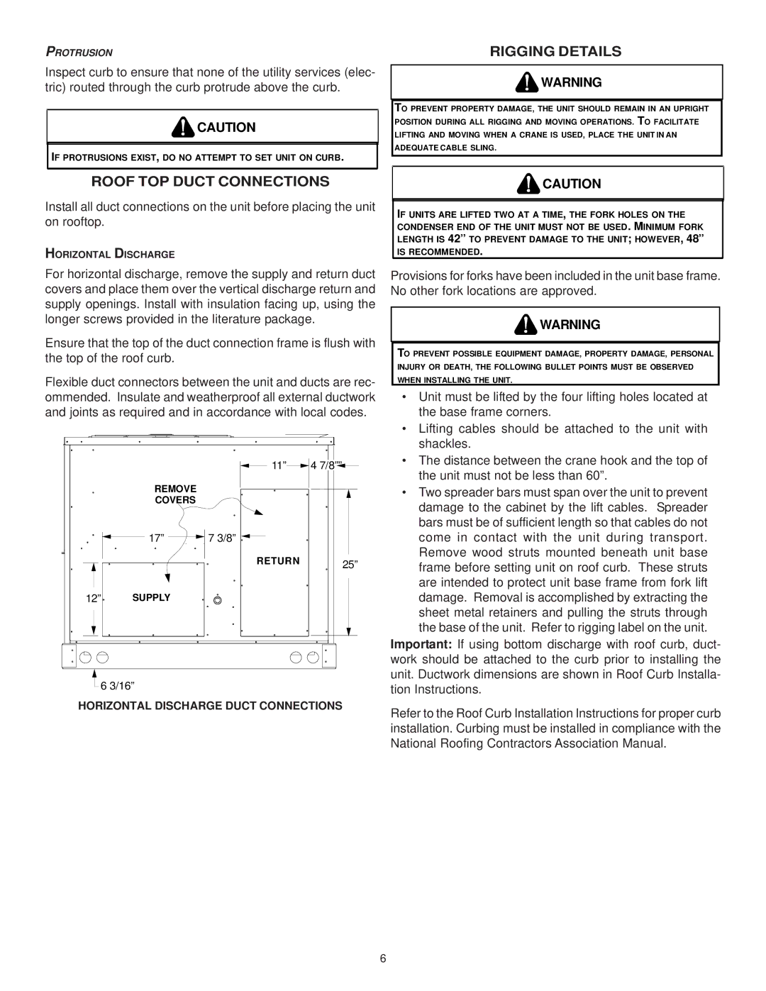 Goodman Mfg IO-354B installation instructions Rigging Details, Roof TOP Duct Connections 