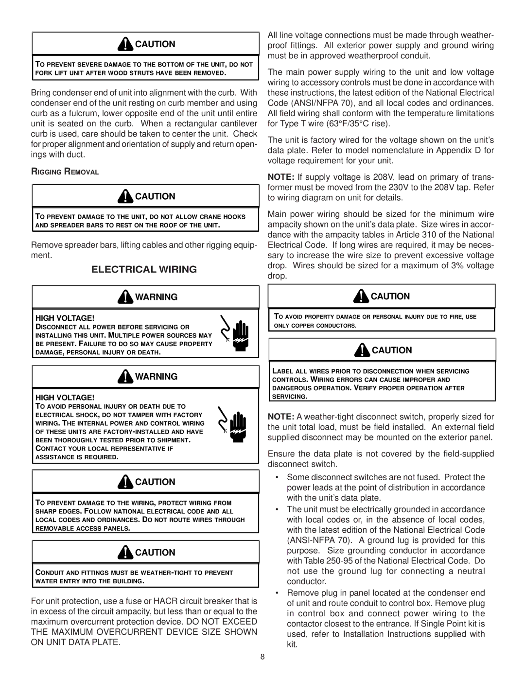 Goodman Mfg IO-354B installation instructions Electrical Wiring, Rigging Removal 