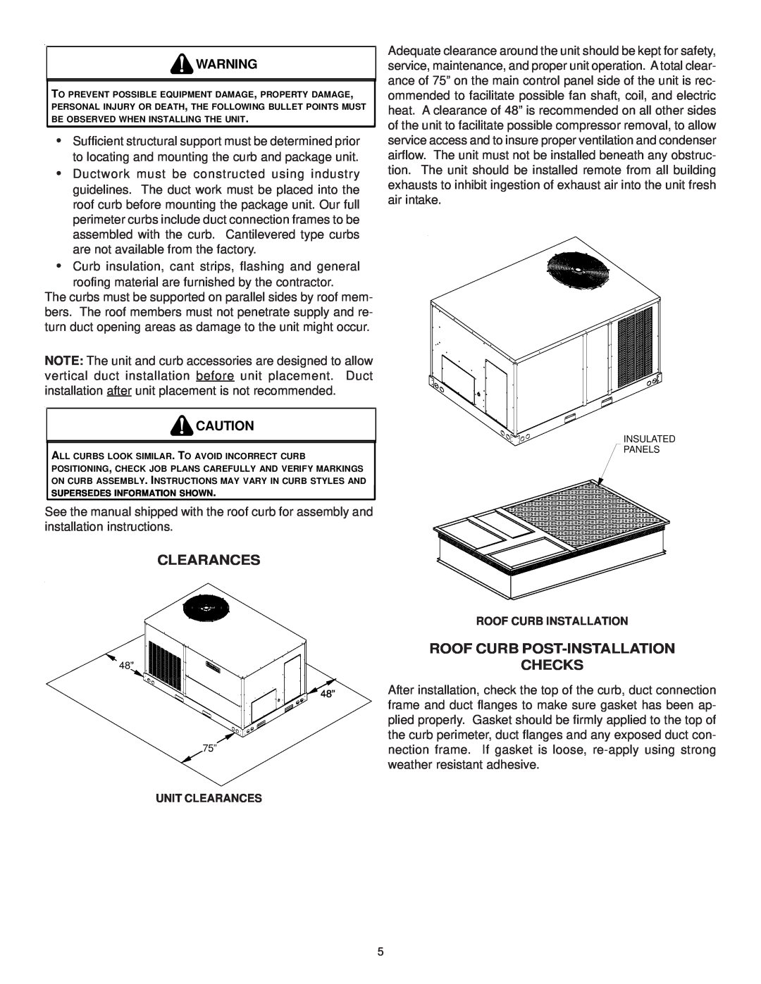 Goodman Mfg IO-354B installation instructions Clearances, Roof Curb Post-Installation, Checks 