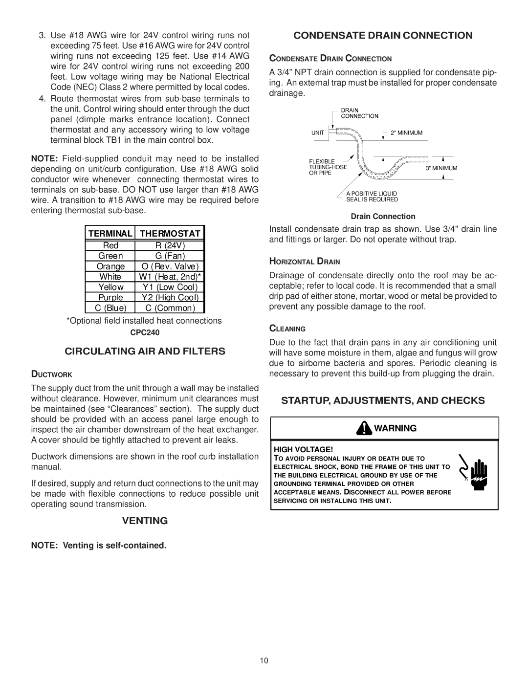 Goodman Mfg IO-367B Circulating AIR and Filters, Venting Condensate Drain Connection, STARTUP, ADJUSTMENTS, and Checks 