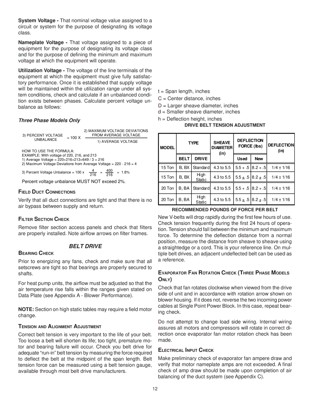 Goodman Mfg IO-367B Field Duct Connections, Filter Section Check, Bearing Check, Tension and Alignment Adjustment 