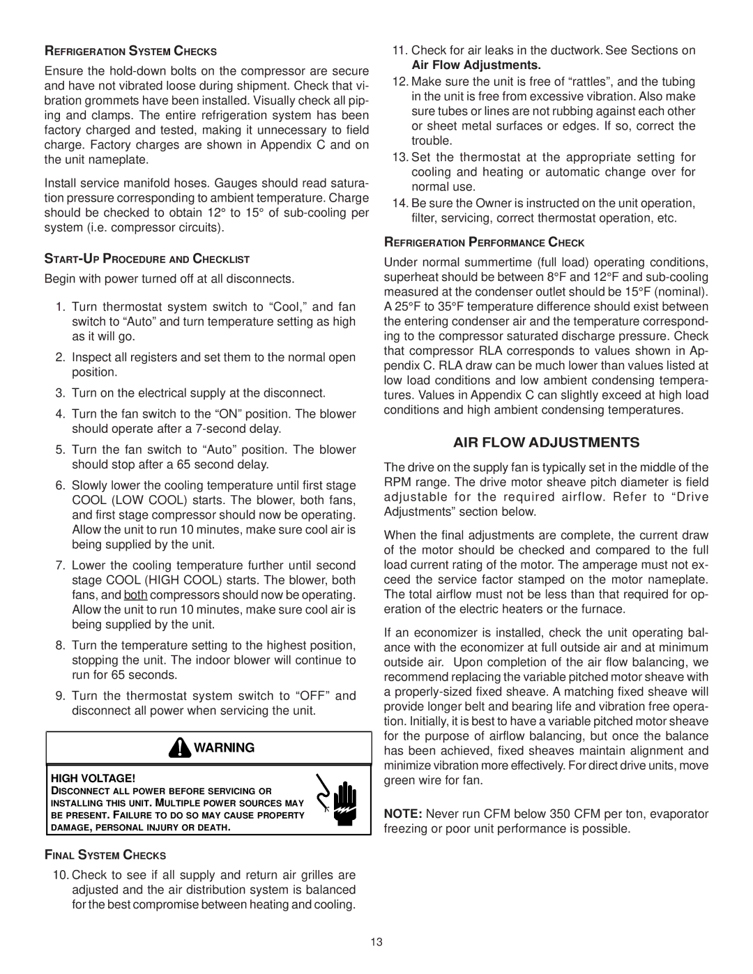 Goodman Mfg IO-367B AIR Flow Adjustments, Refrigeration System Checks, START-UP Procedure and Checklist 