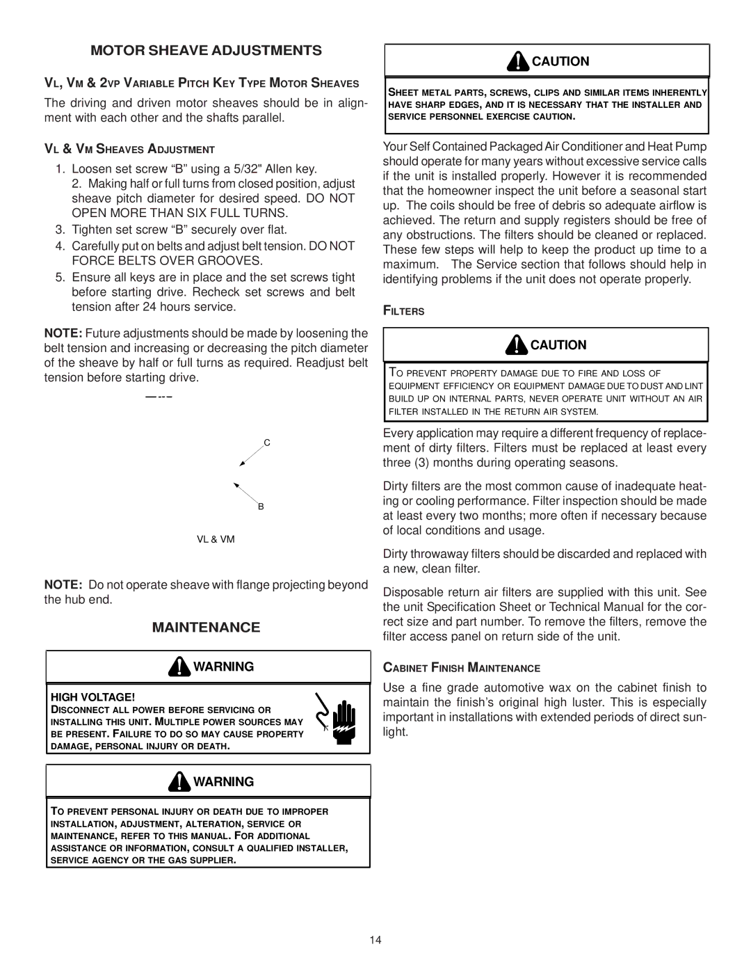 Goodman Mfg IO-367B installation instructions Motor Sheave Adjustments, Maintenance 