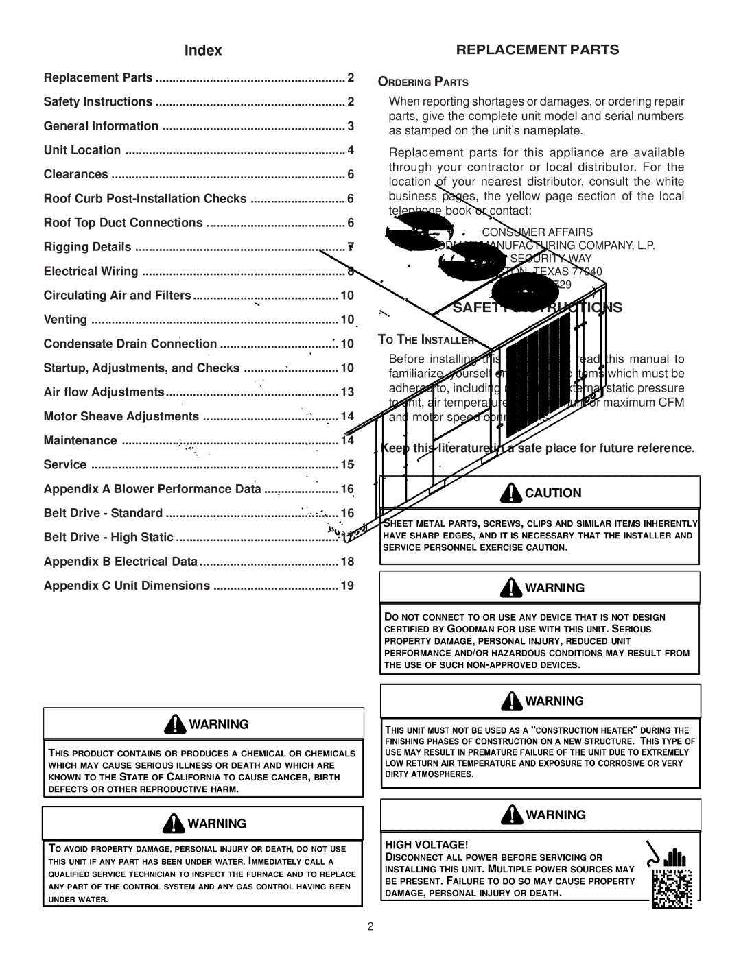 Goodman Mfg IO-367B Replacement Parts, Safety Instructions, High Voltage, Ordering Parts, To the Installer 