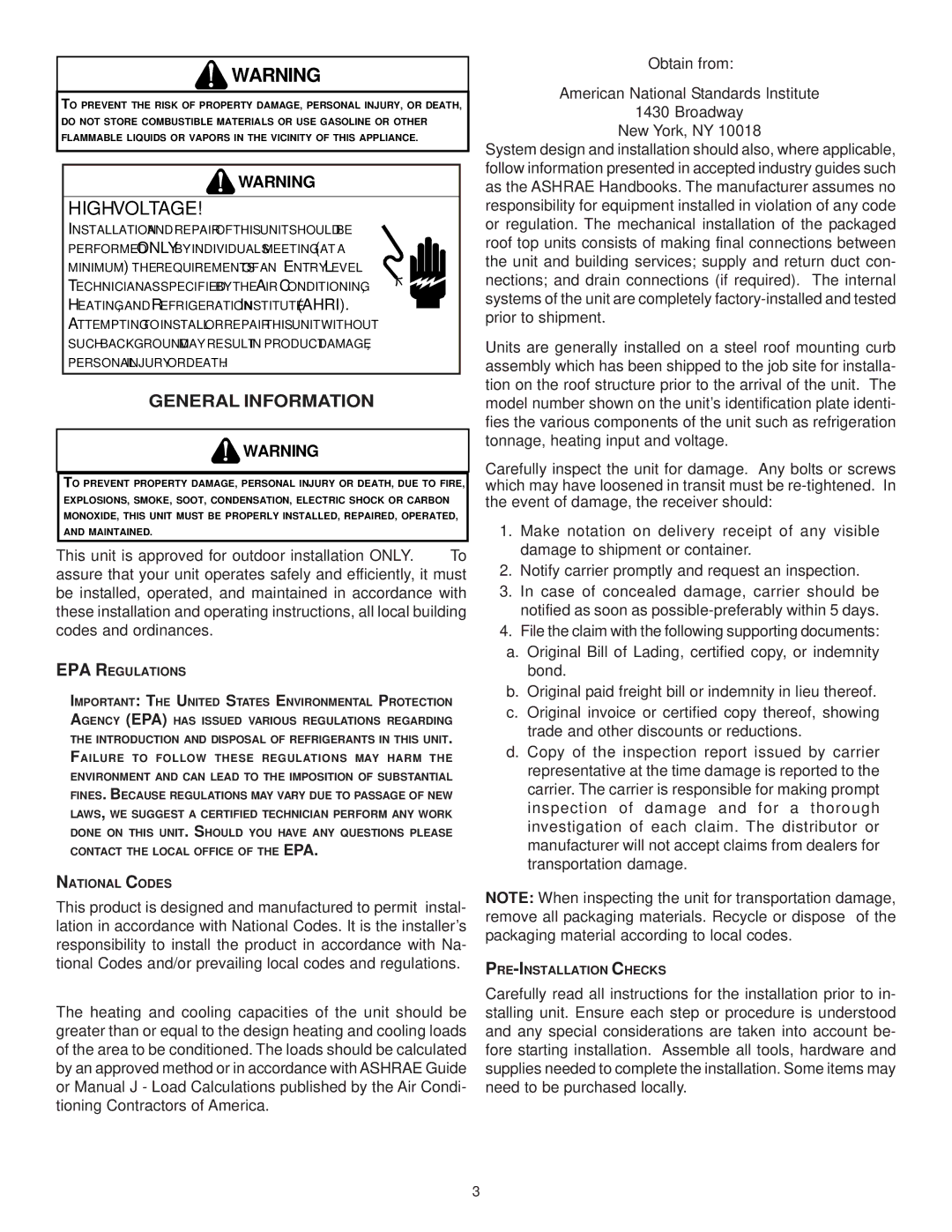 Goodman Mfg IO-367B installation instructions General Information, EPA Regulations, National Codes, PRE-INSTALLATION Checks 