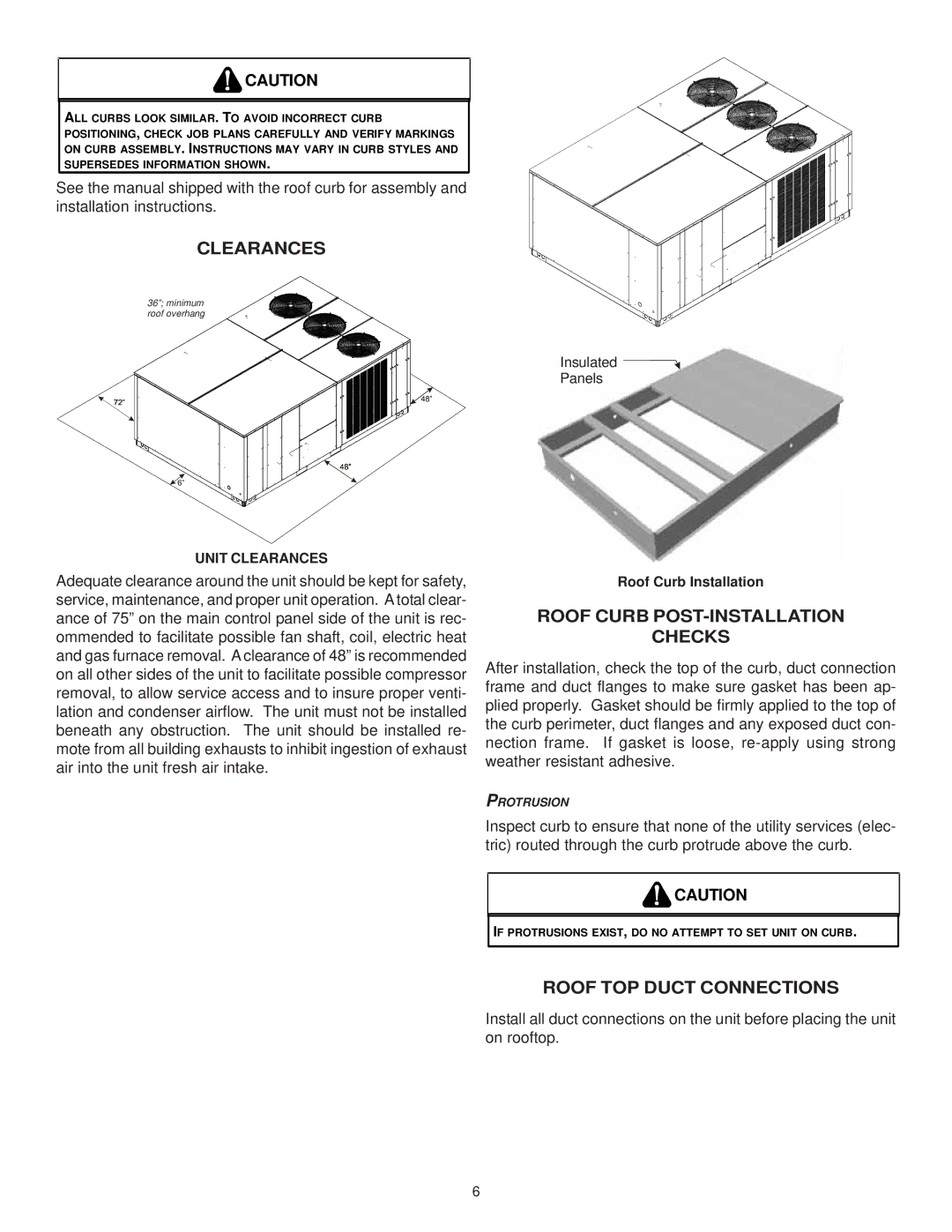 Goodman Mfg IO-367B installation instructions Clearances, Roof Curb POST-INSTALLATION Checks, Roof TOP Duct Connections 